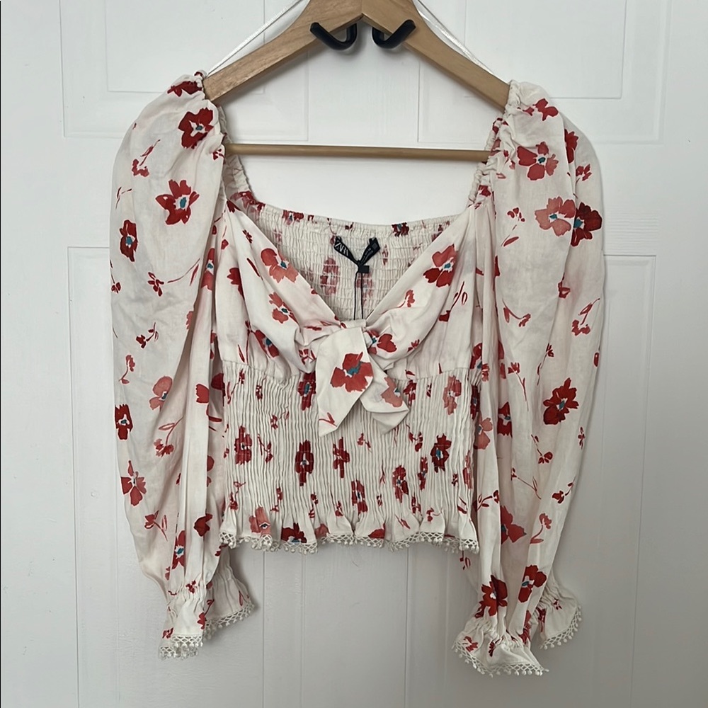 # 45- Zara White and Red Floral Crop Top